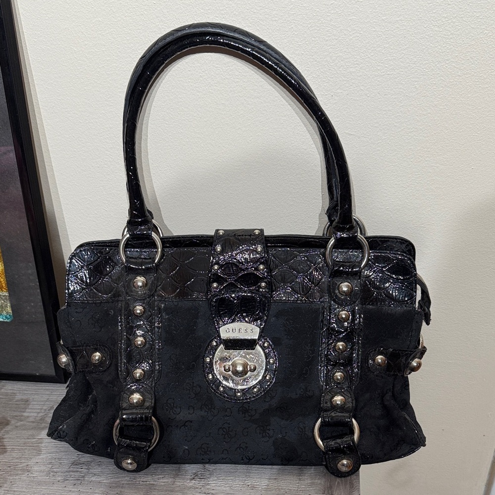 GUESS Black Satchel with Silver Accents